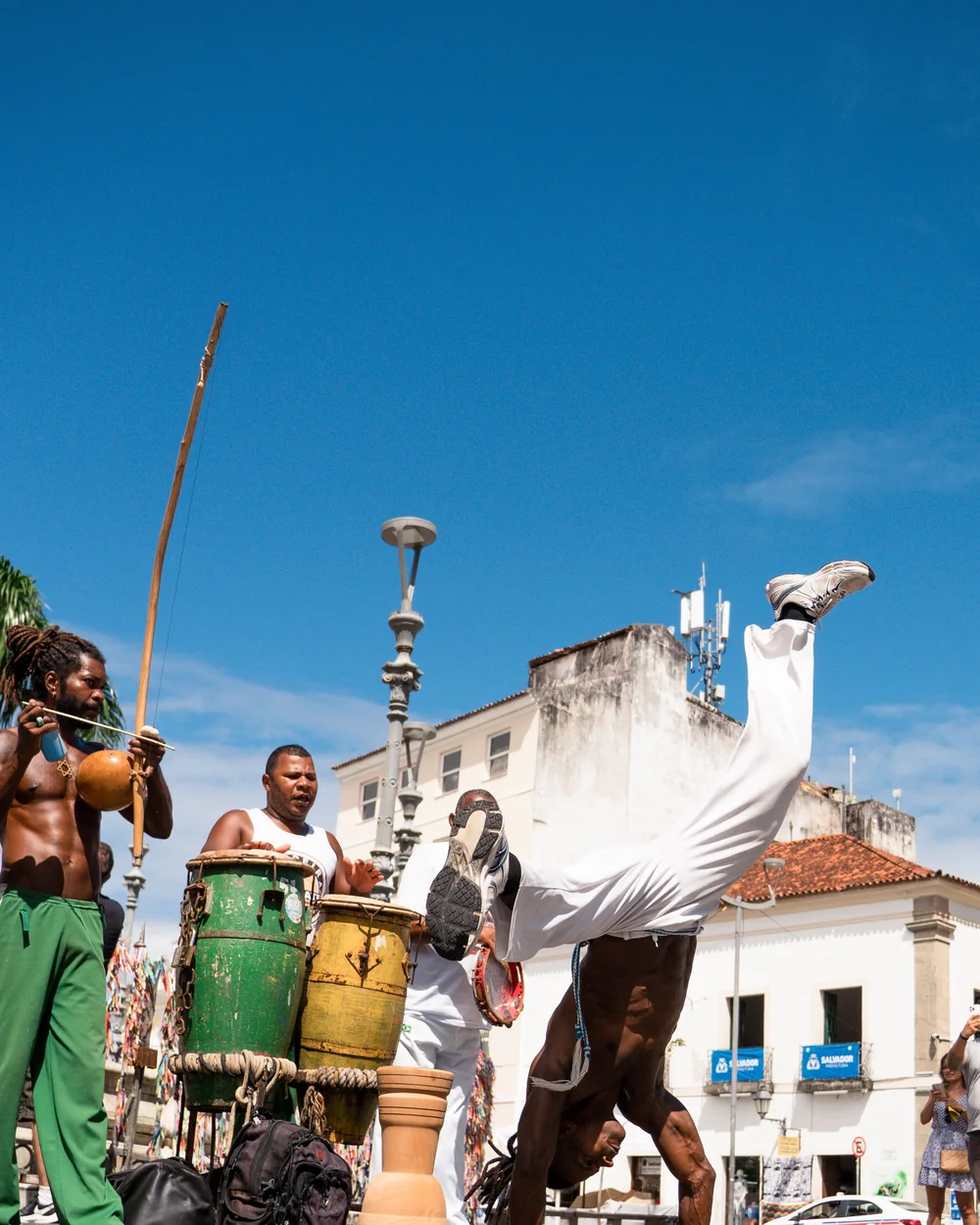 A capoeira player executes a high kick beside a musician playing a berimbau in a Brazilian street circle (representative photograph, not this show’s own company)